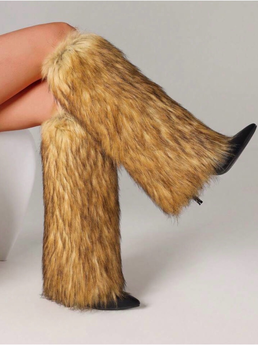 SEND OFFER !!  Faux Fur Knee-High Heeled Boots in Golden Brown